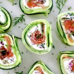 overhead view of Salmon Cucumber Rolls on white plate with fresh dill