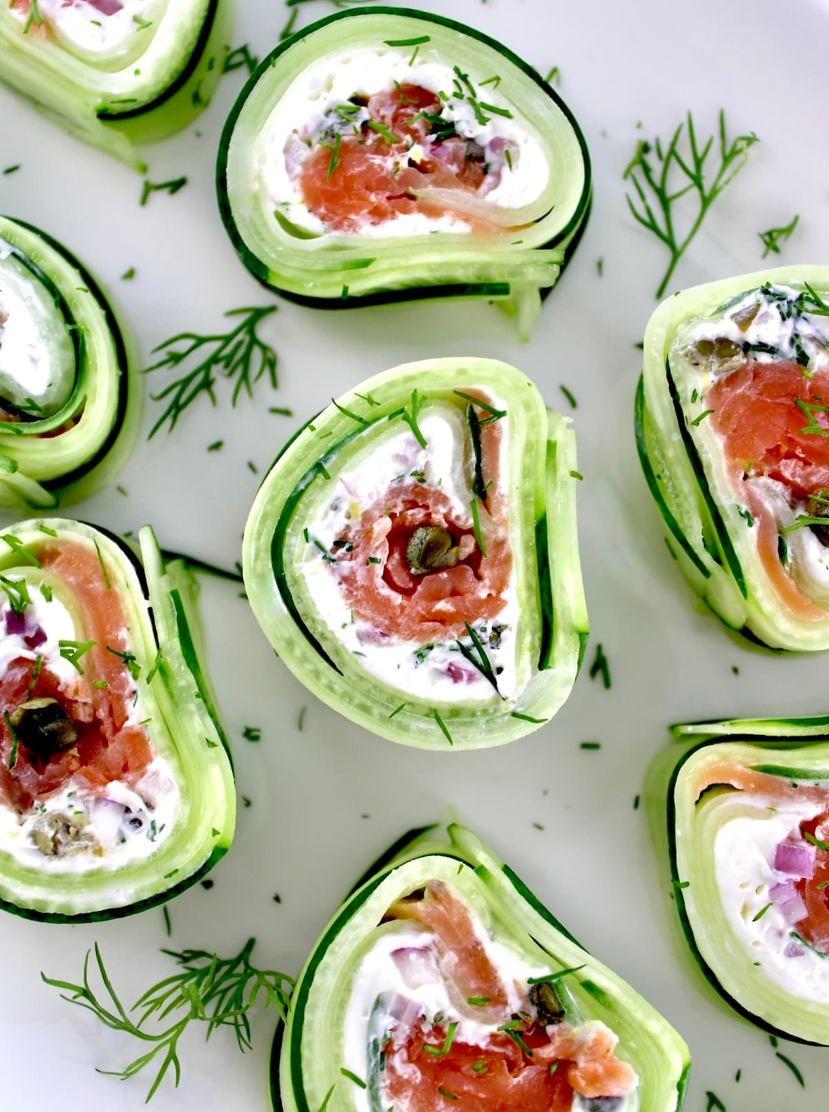 overhead view of Salmon Cucumber Rolls on white plate with fresh dill