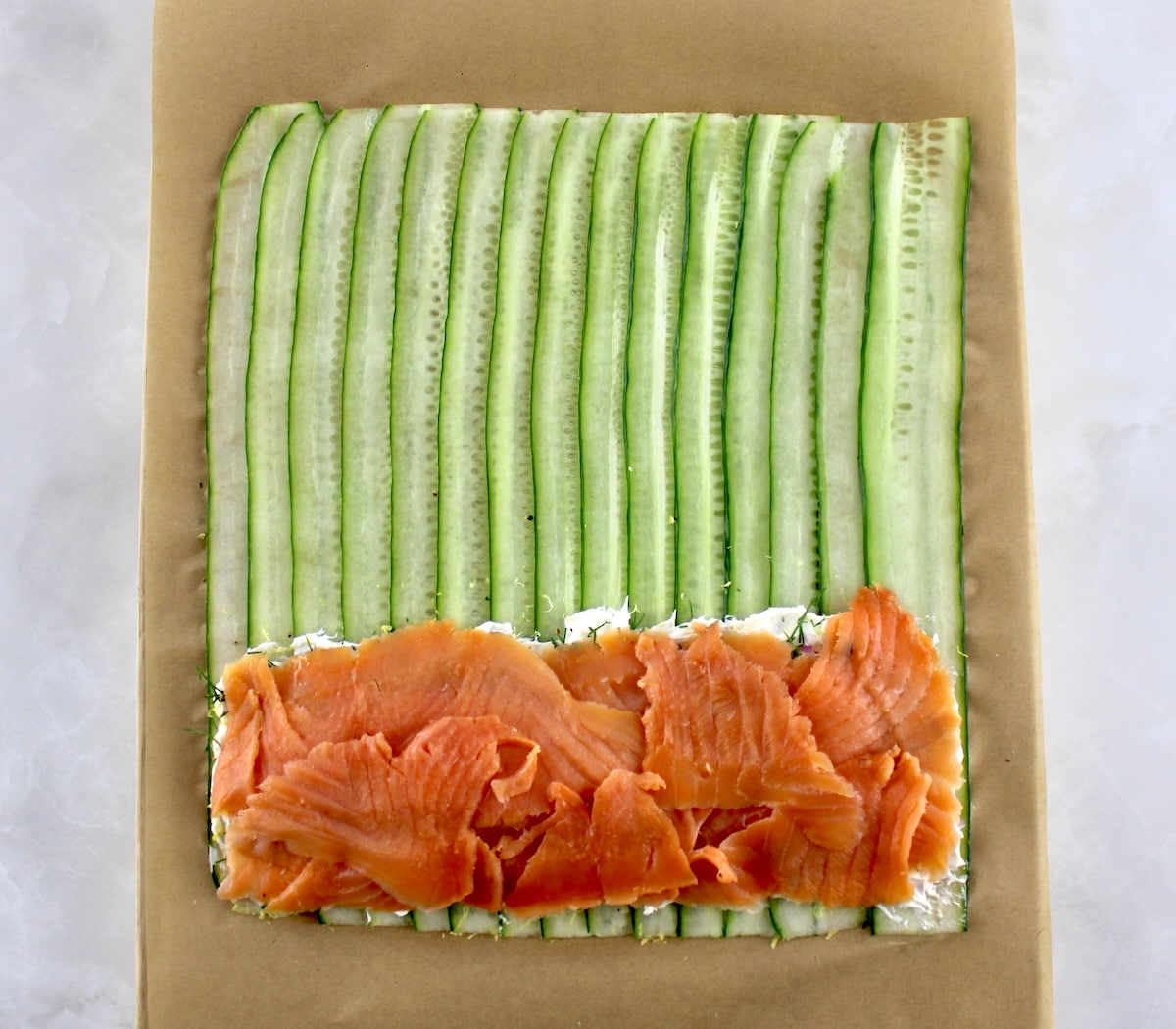 open Salmon Cucumber Roll on parchment