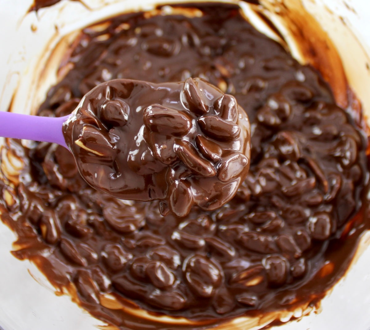 chocolate covered peanuts in glass bowl with some in purple spoon