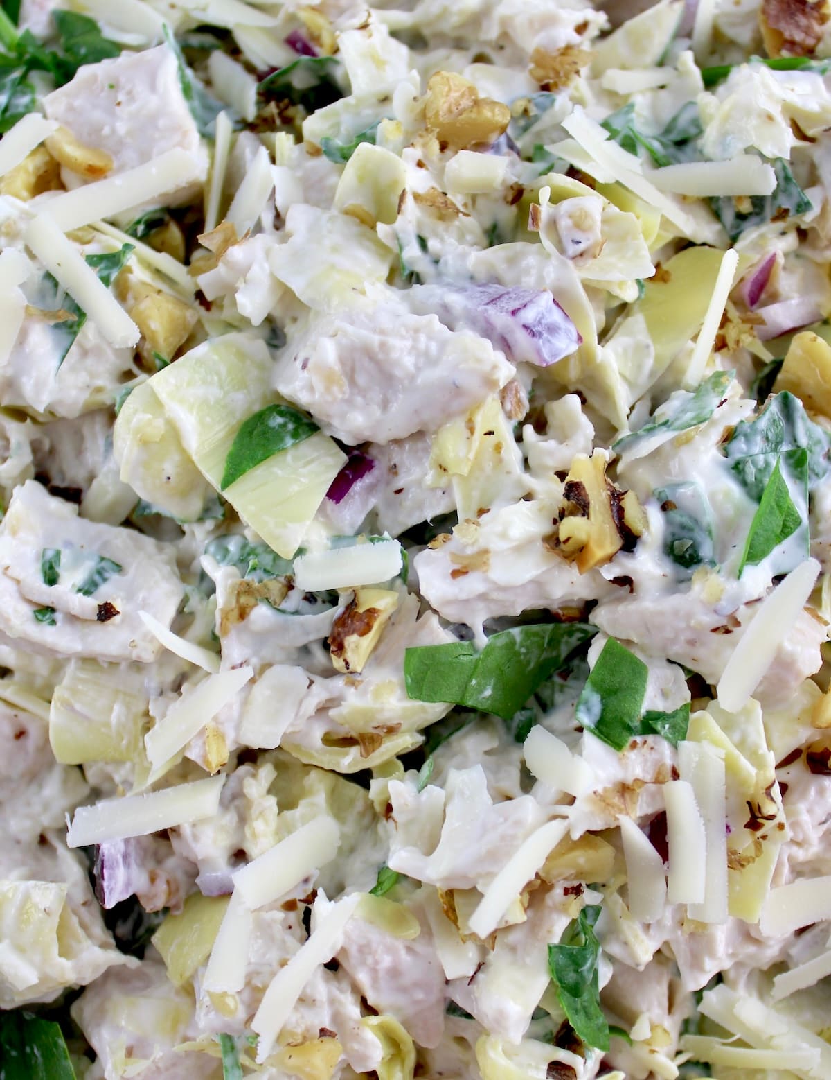 closeup of Spinach Artichoke Chicken Salad