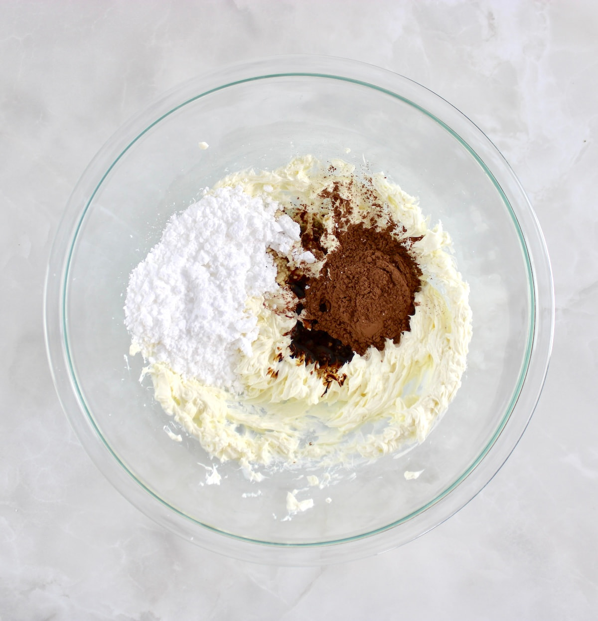 Espresso Chocolate Mousse ingredients in glass bowl unmixed