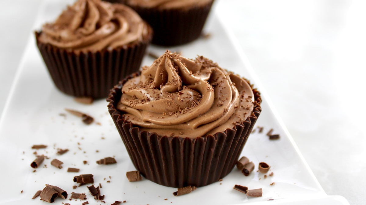 side view of Espresso Chocolate Mousse Cups on white plate