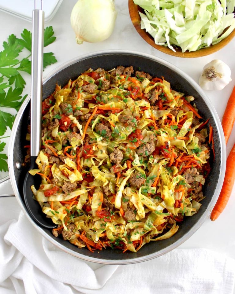Ground Beef and Cabbage Skillet with serving spoon