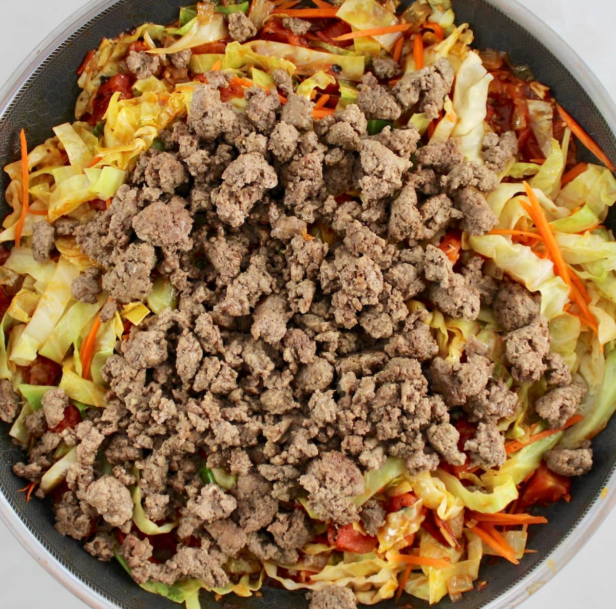 Ground Beef and Cabbage Skillet with ground beef on top
