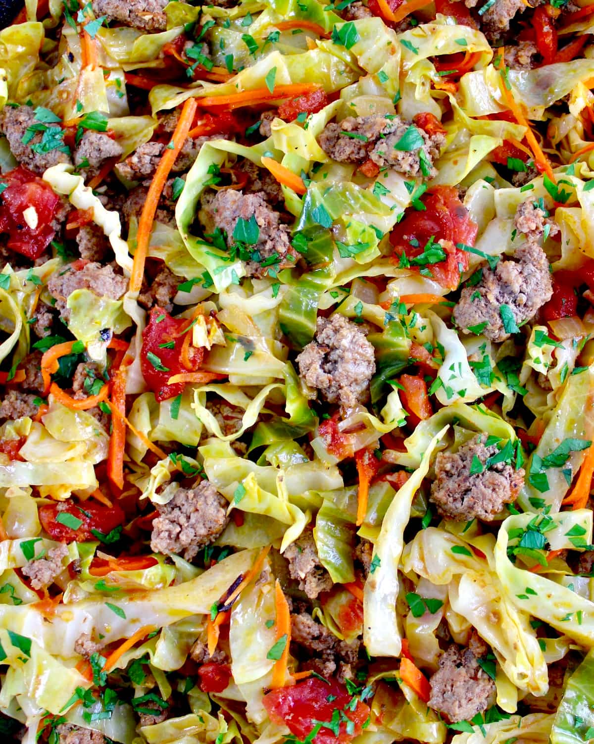 closeup of Ground Beef and Cabbage Skillet