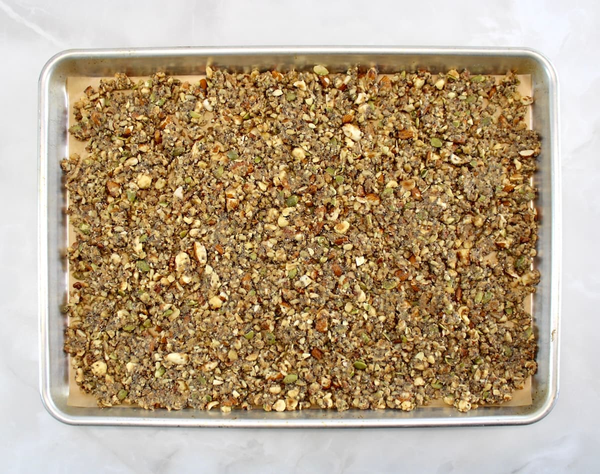Keto Granola unbaked on baking sheet