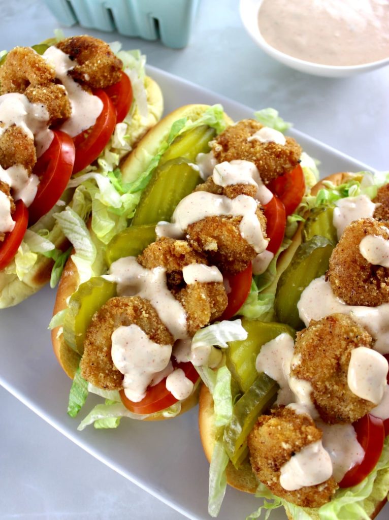 overhead view of Keto Shrimp Po'Boy on white plate