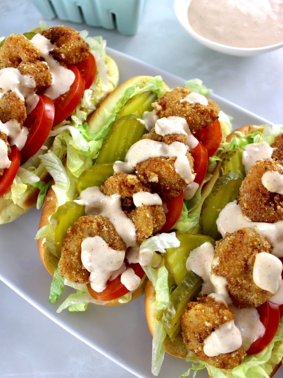 overhead view of Keto Shrimp Po'Boy on white plate