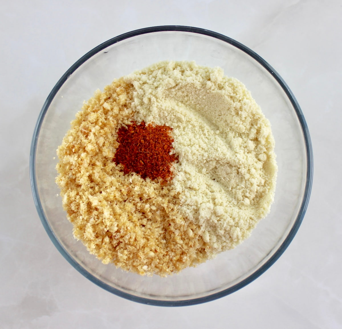 Keto Shrimp Po'Boy breading in glass bowl unmixed