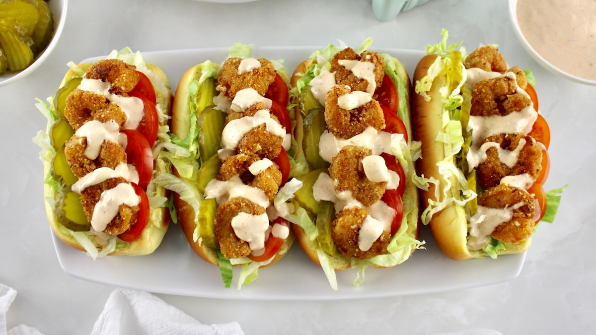 4 Keto Shrimp Po'Boy sandwiches on white platter