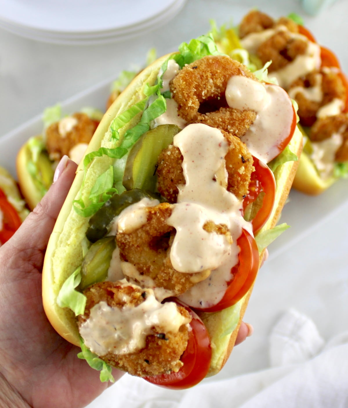 holding up Keto Shrimp Po'Boy