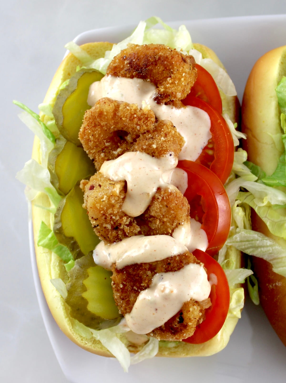 closeup of Keto Shrimp Po'Boy on white plate