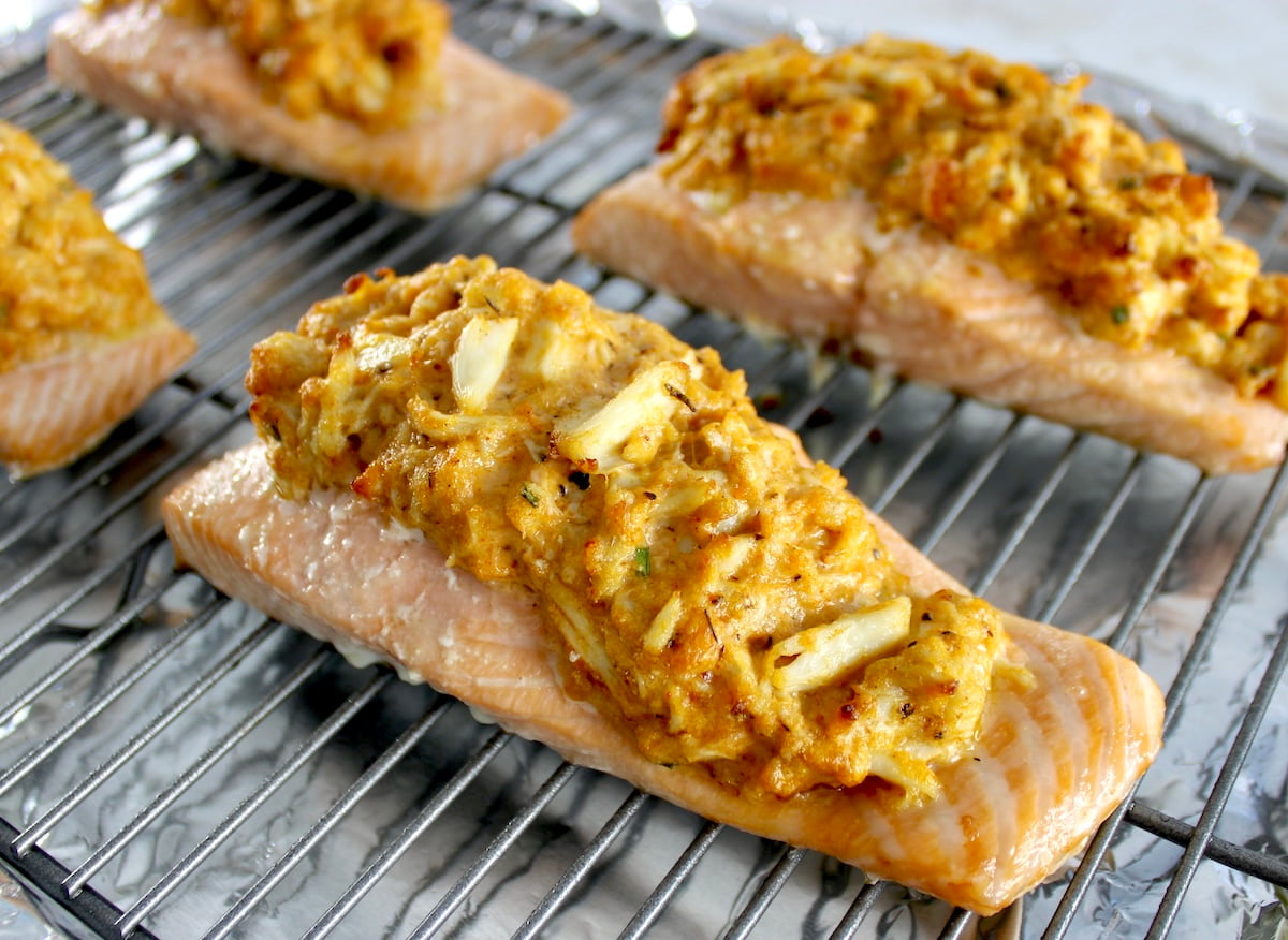 Cajun Crab Stuffed Salmon on wire rack