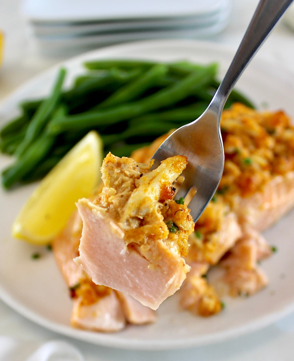 fork full of Cajun Crab Stuffed Salmon
