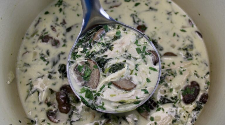 ladle of chicken florentine soup held up over pot