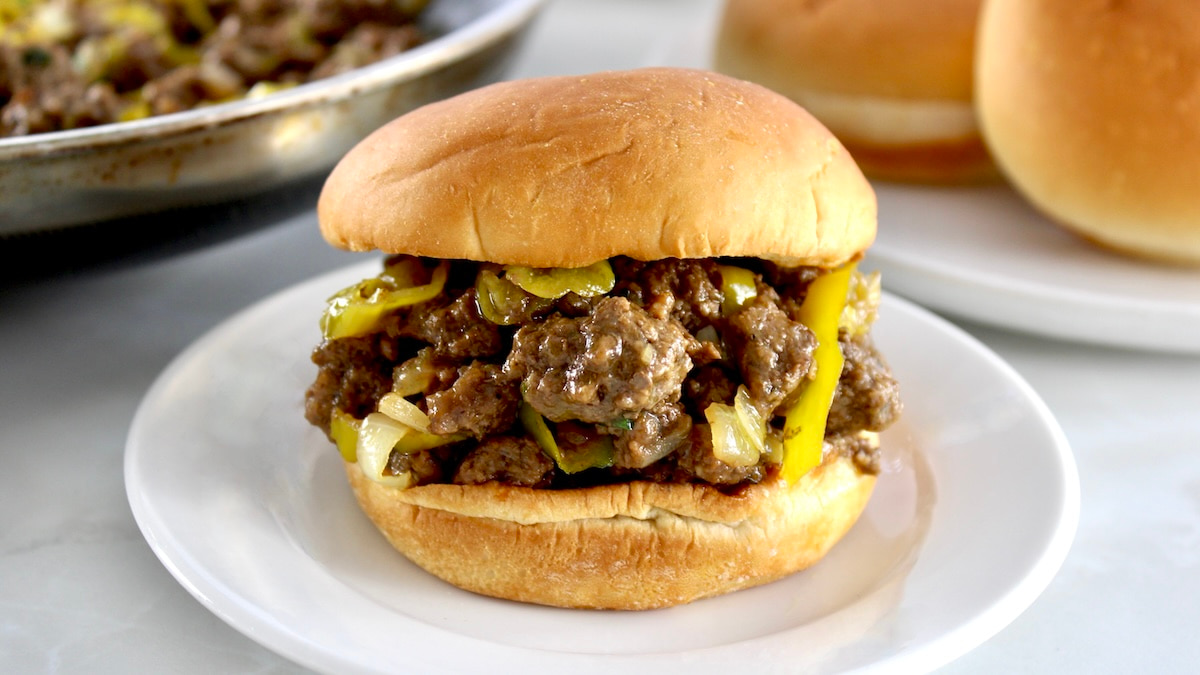 Mississippi Sloppy Joe on bun on white plate