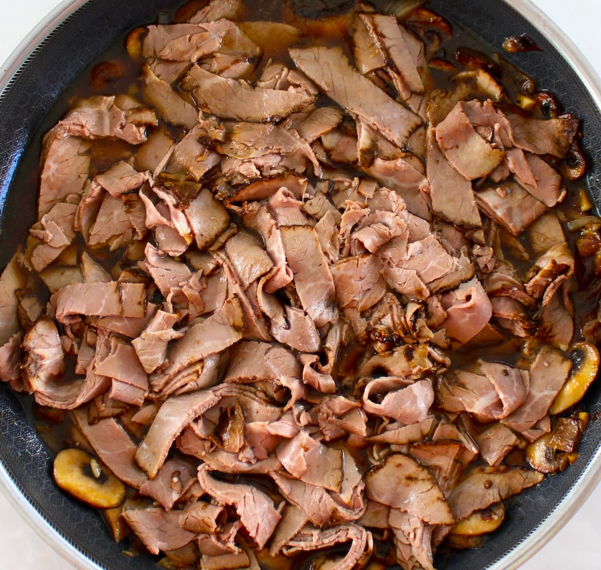 Easy Beef Stroganoff in skillet cooking