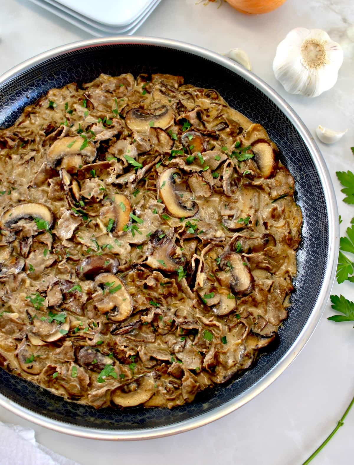 closeup overhead view of Easy Beef Stroganoff in skillet