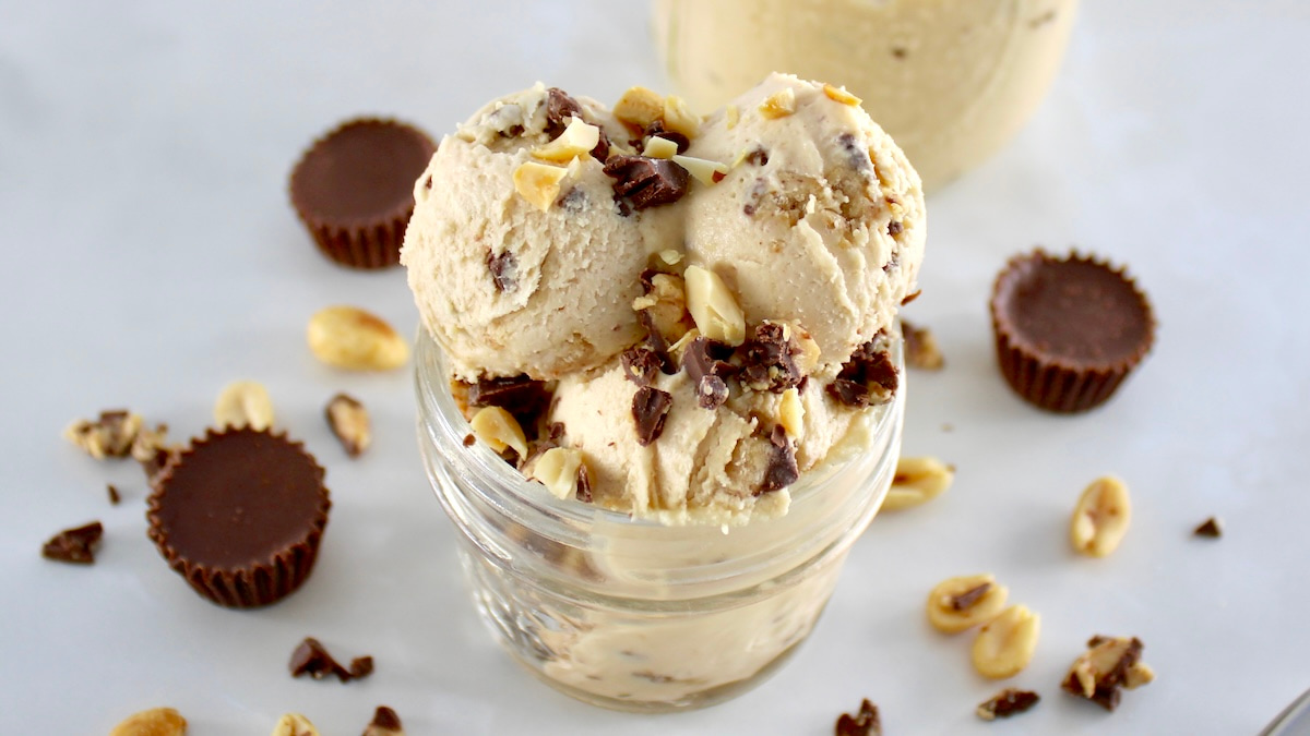 side view of Peanut Butter Cup Mason Jar Ice Cream in open jar