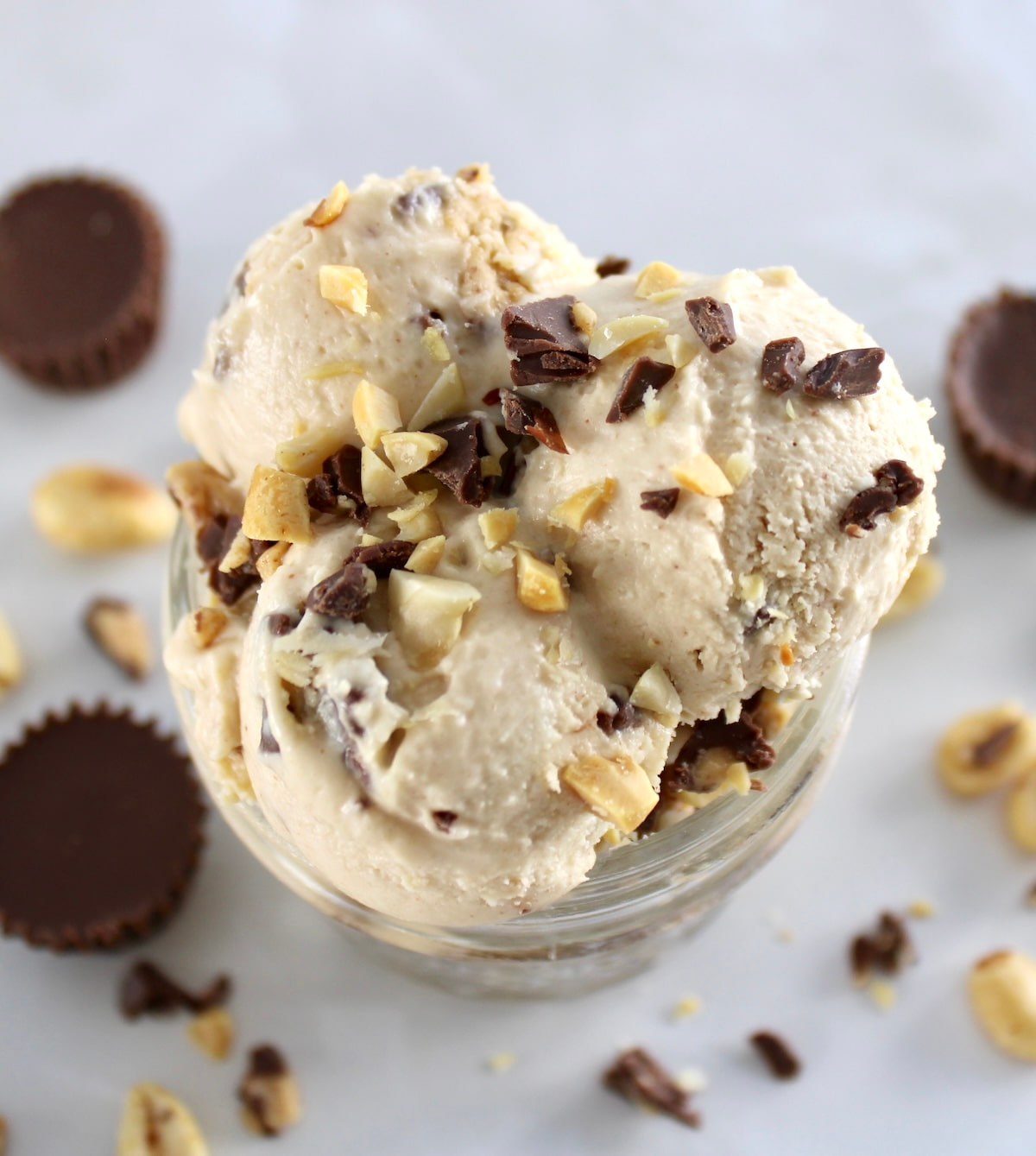 overhead view of Peanut Butter Cup Mason Jar Ice Cream in open glass jar