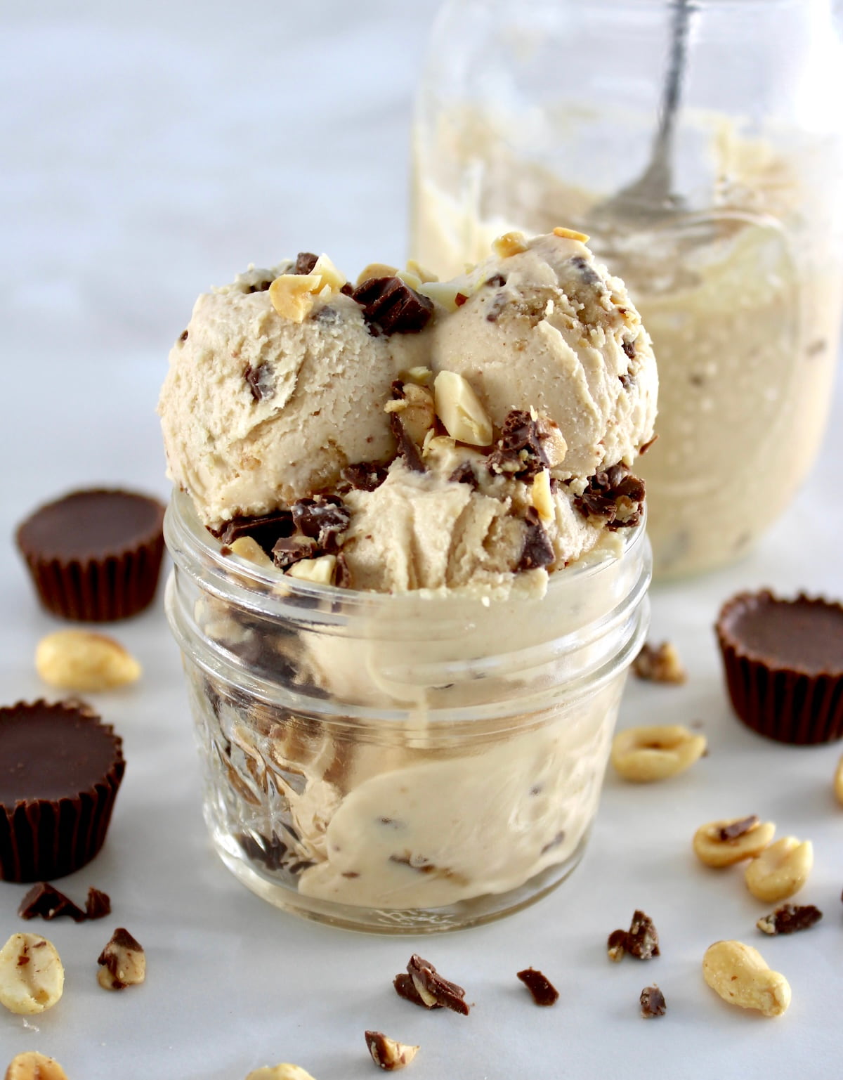 side view of Peanut Butter Cup Mason Jar Ice Cream in open jar