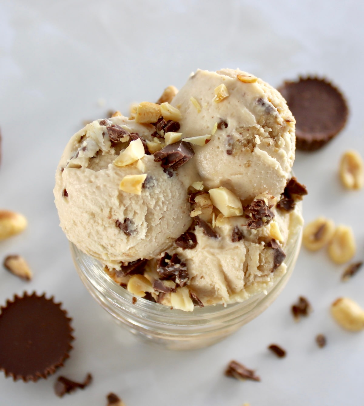 overhead view of Peanut Butter Cup Mason Jar Ice Cream in open jar
