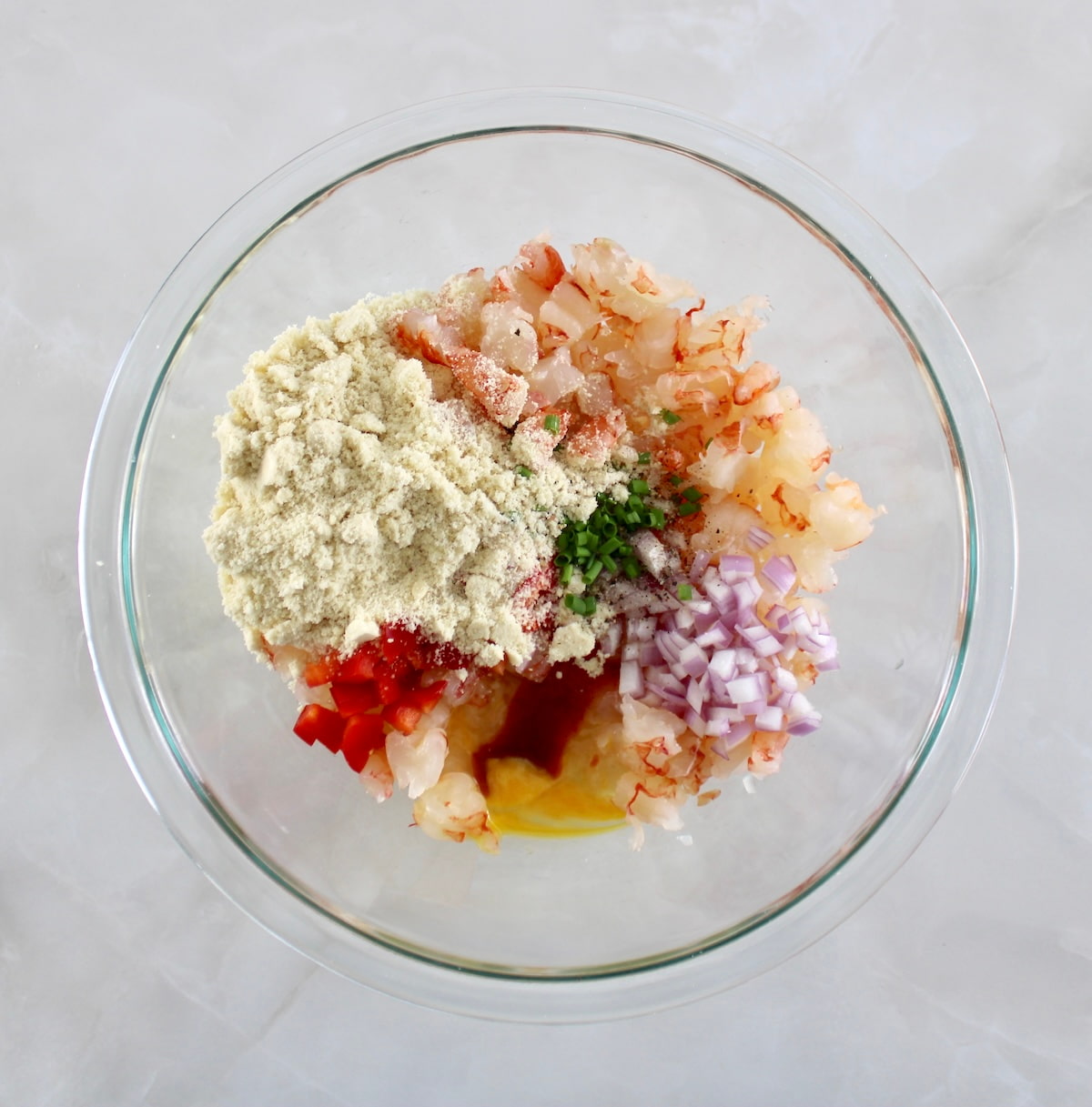 Shrimp Cakes ingredients in mixing bowl unmixed