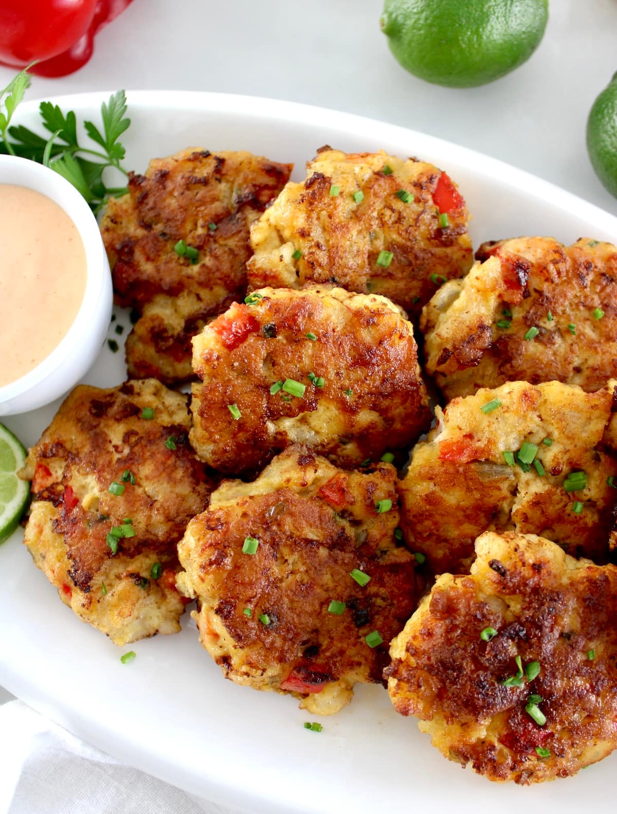 Shrimp Cakes with Spicy Mayo on white platter