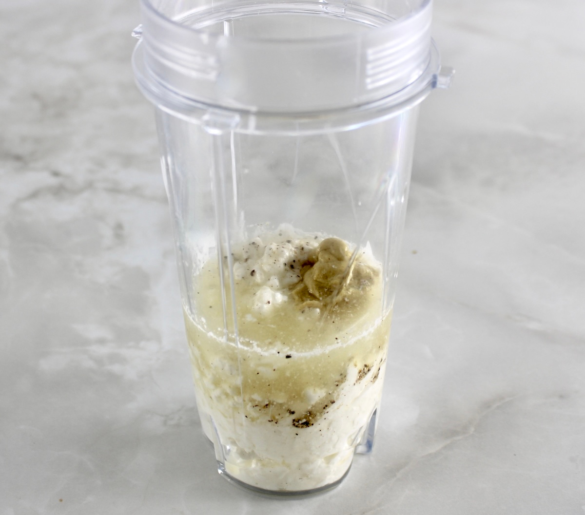 Cottage Cheese Chicken Salad dressing ingredients in bullet blender cup