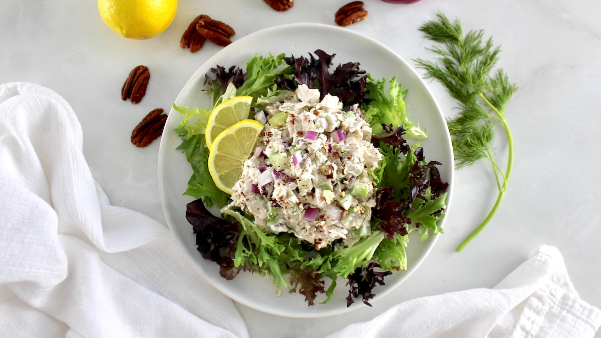overhead view of Cottage Cheese Chicken Salad over mixed greens