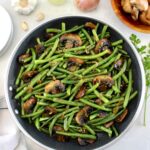 overhead view of Green Beans with Mushrooms in skillet