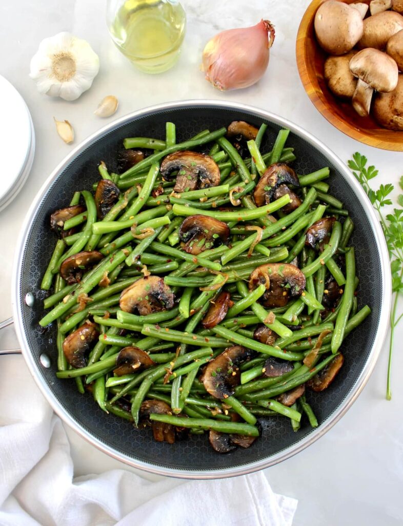 overhead view of Green Beans with Mushrooms in skillet