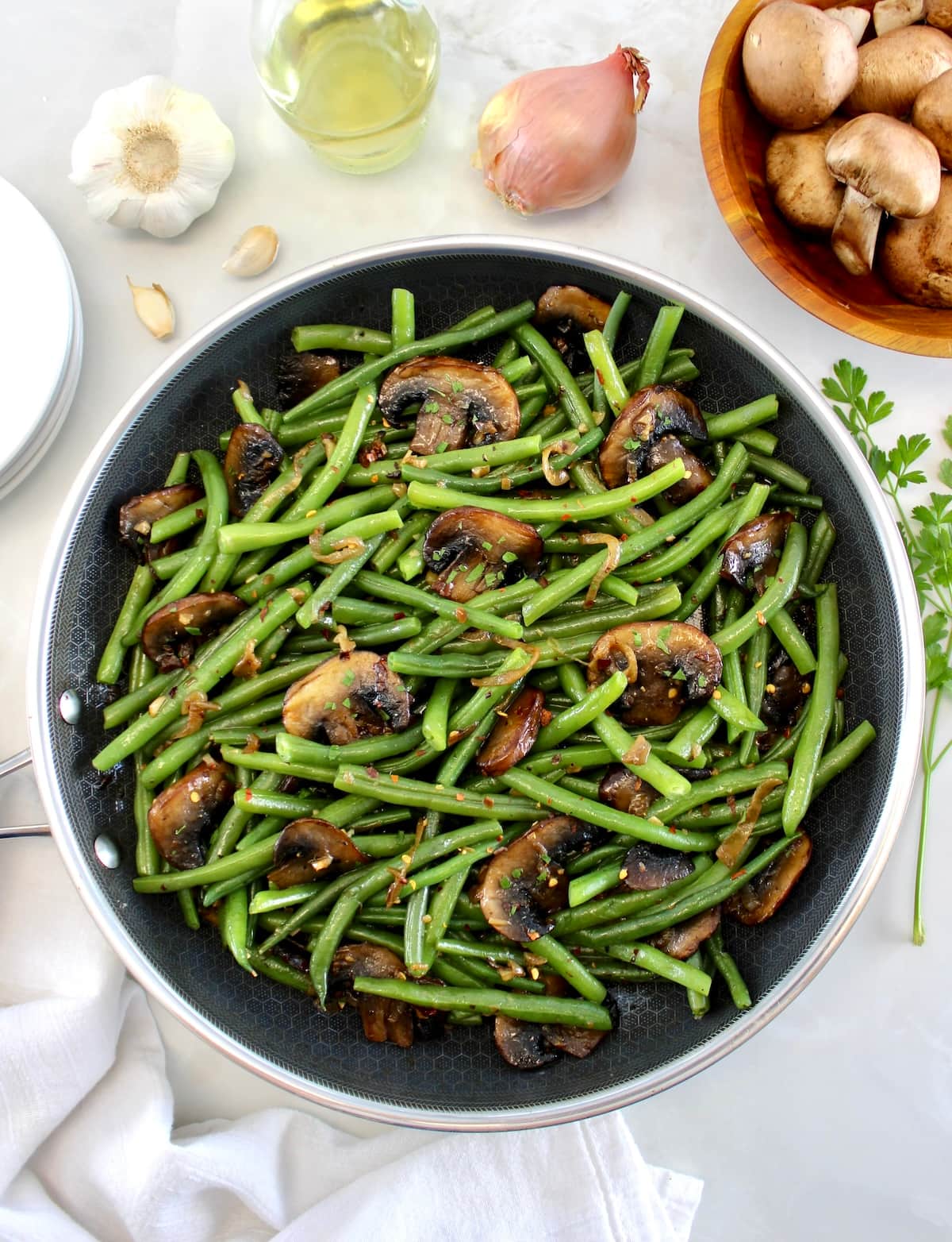 overhead view of Green Beans with Mushrooms in skillet