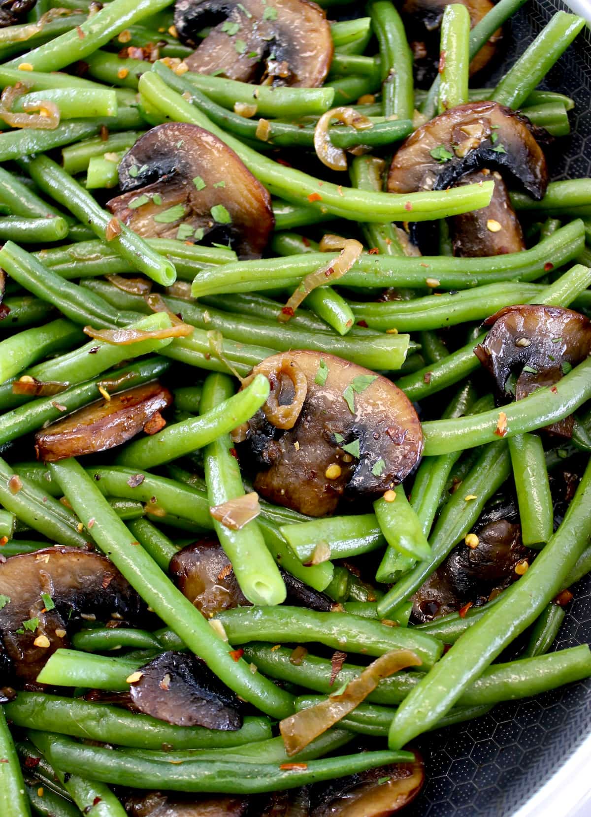 closeup of Green Beans with Mushrooms