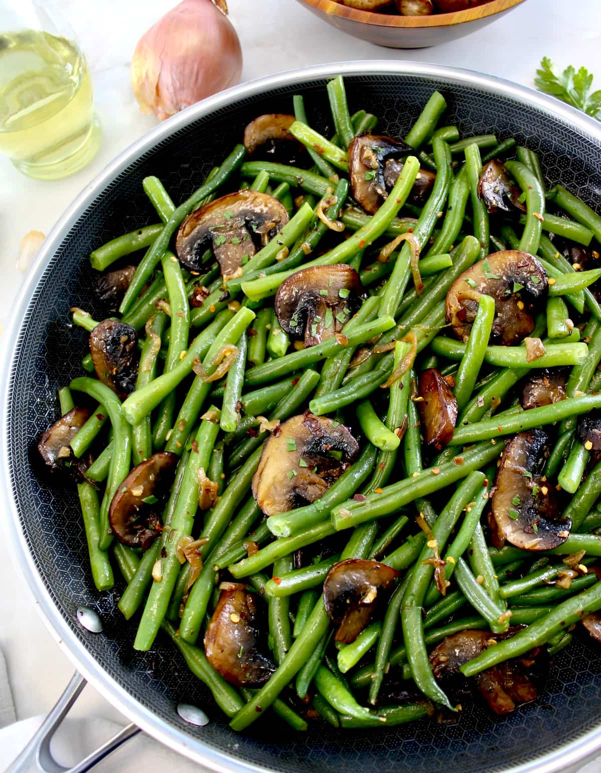 overhead view of Green Beans with Mushrooms in skillet