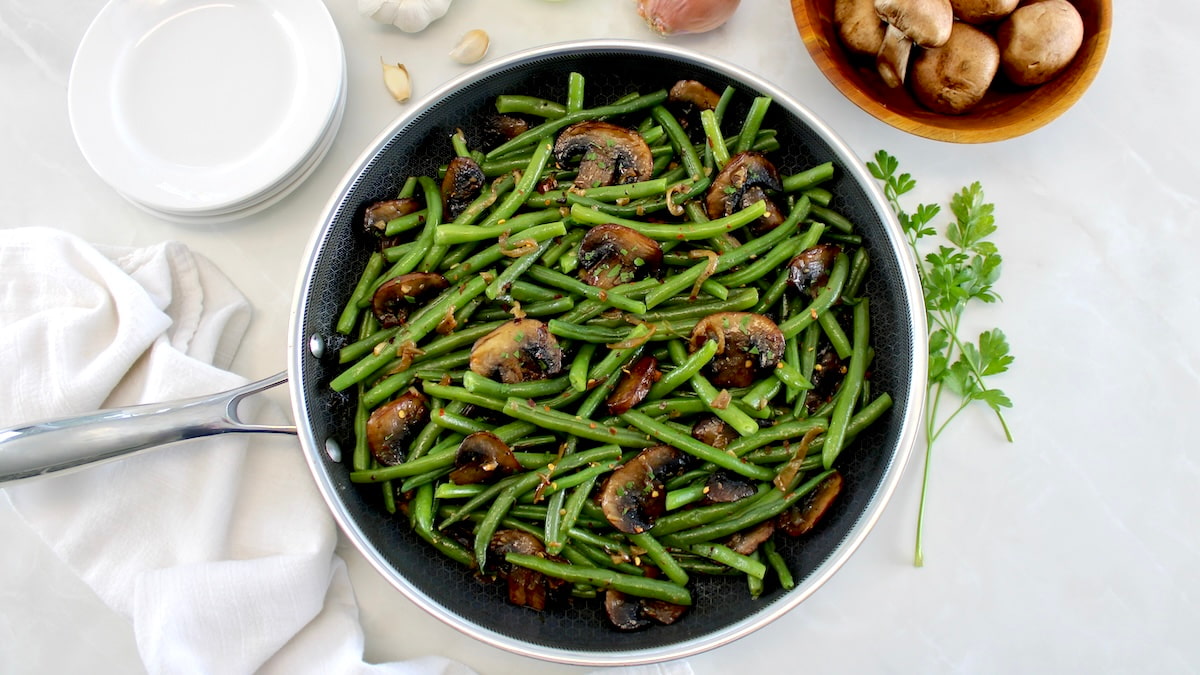 overhead Green Beans with Mushrooms in skillet