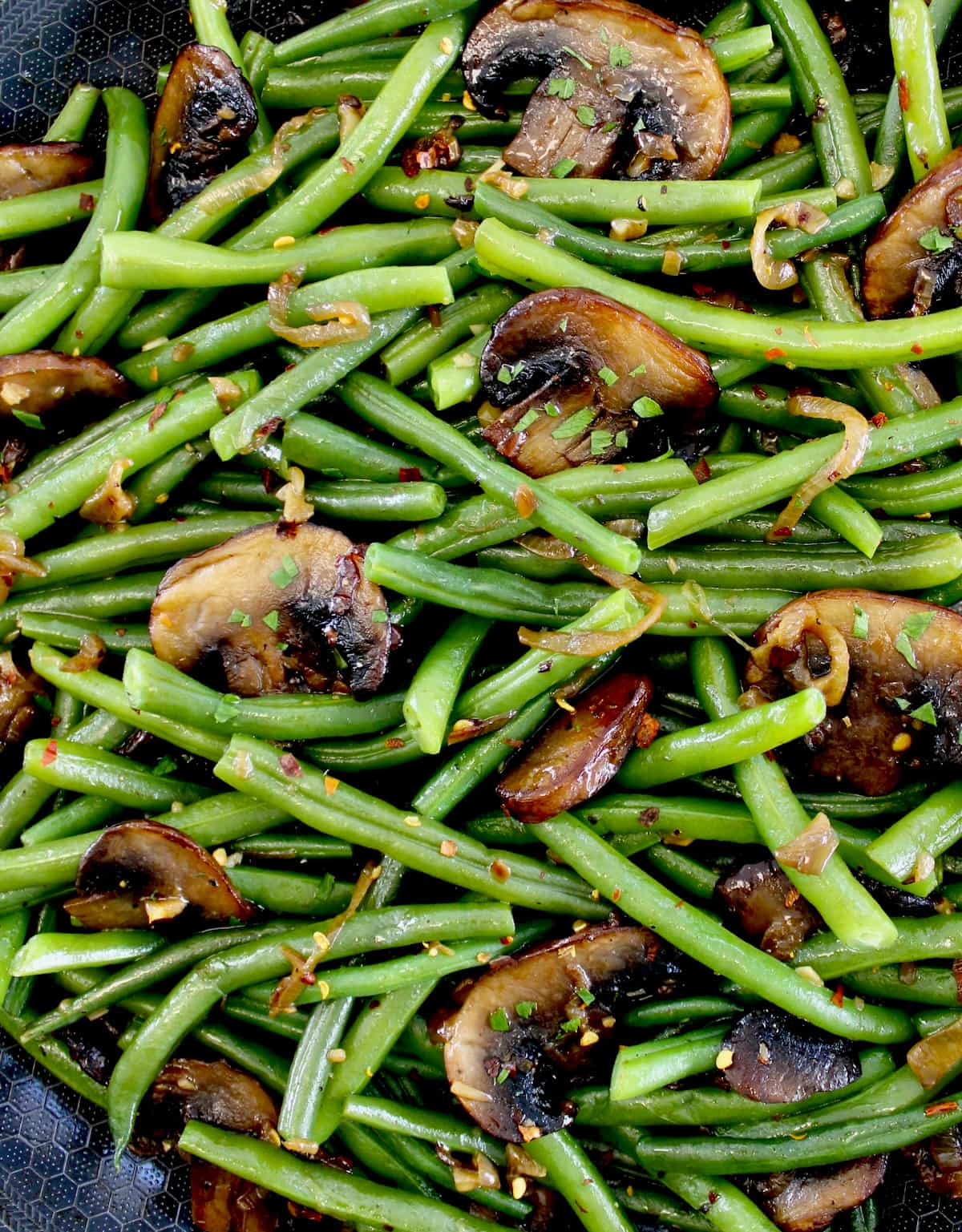 closeup of Green Beans with Mushrooms