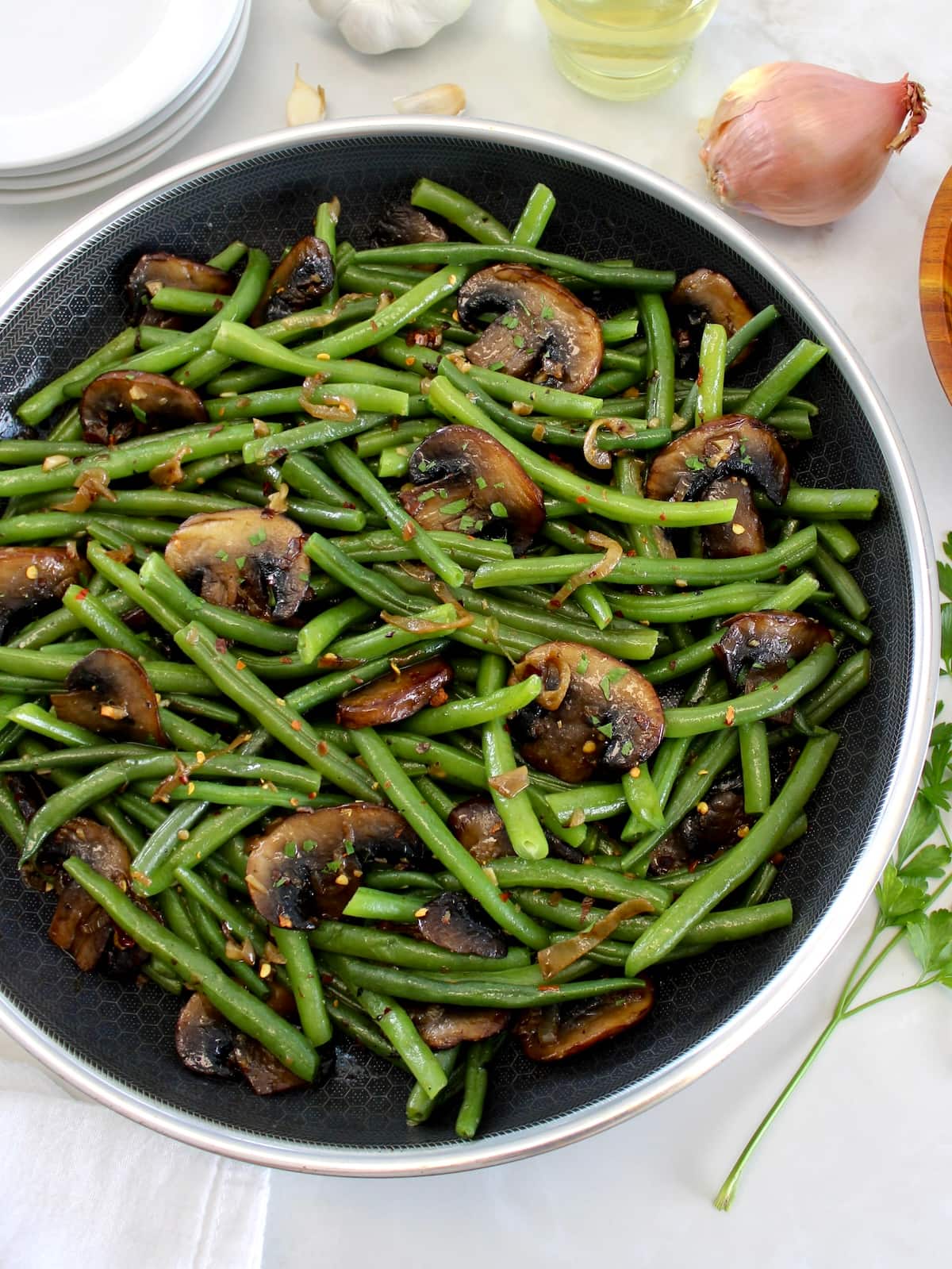 overhead view of Green Beans with Mushrooms in skillet