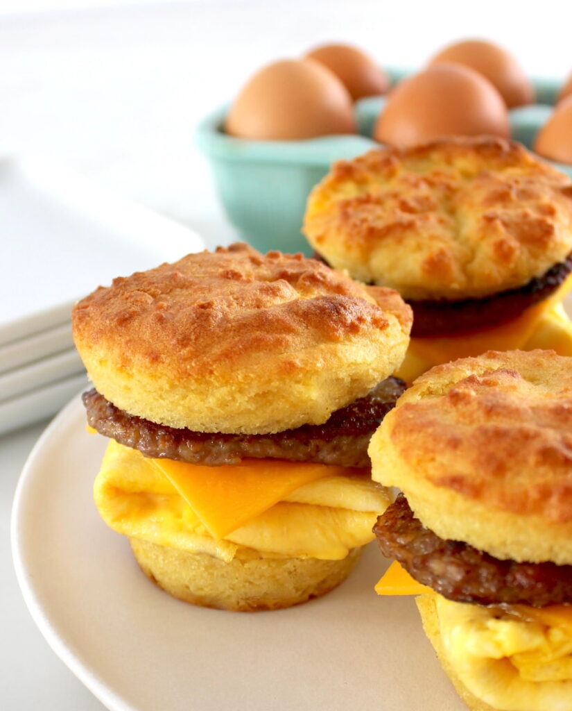 3 Keto Sausage Egg and Cheese Biscuits on white plate with eggs in back