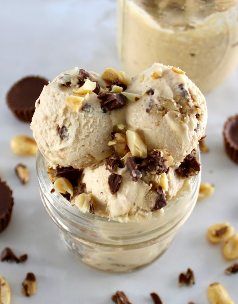 closeup of Peanut Butter Cup Mason Jar Ice Cream with chopped peanuts and chocolate