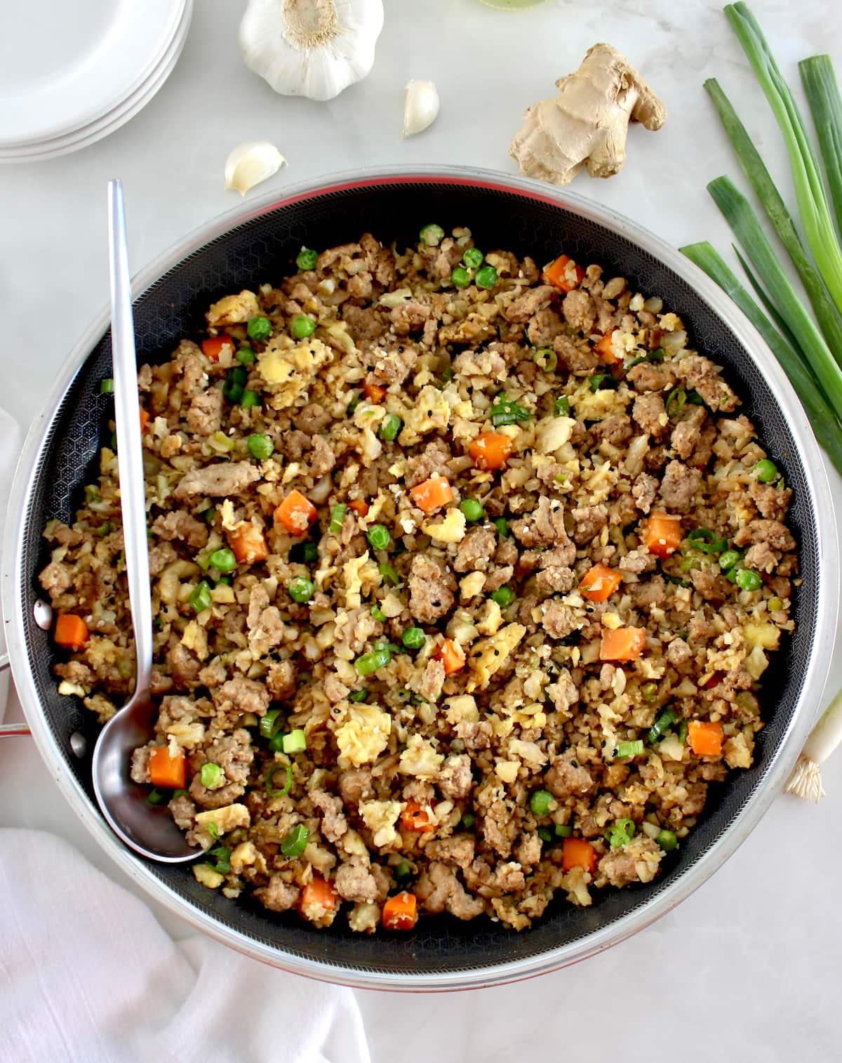 overhead view of Pork Fried Cauliflower Rice in skillet