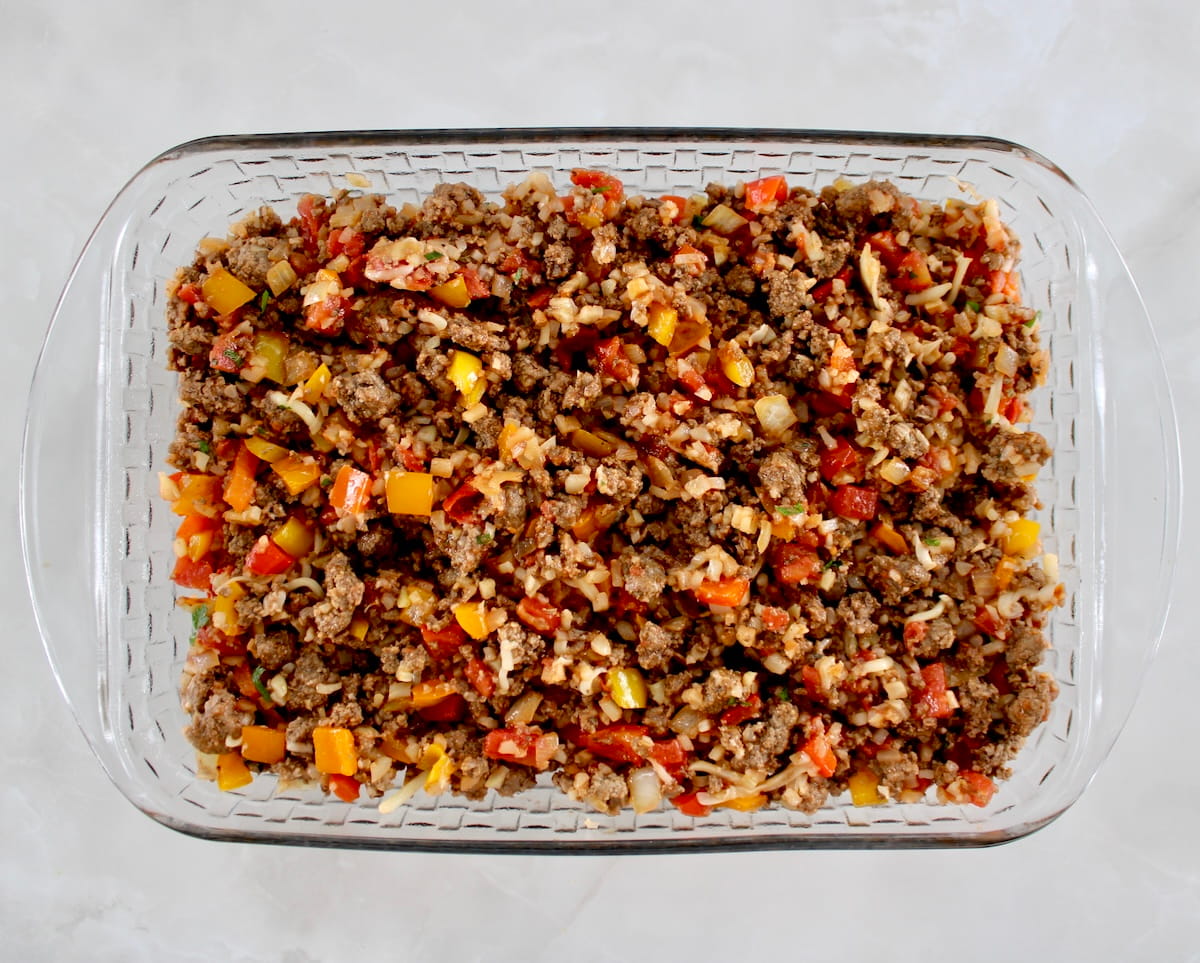 Stuffed Pepper Casserole in glass casserole unbaked