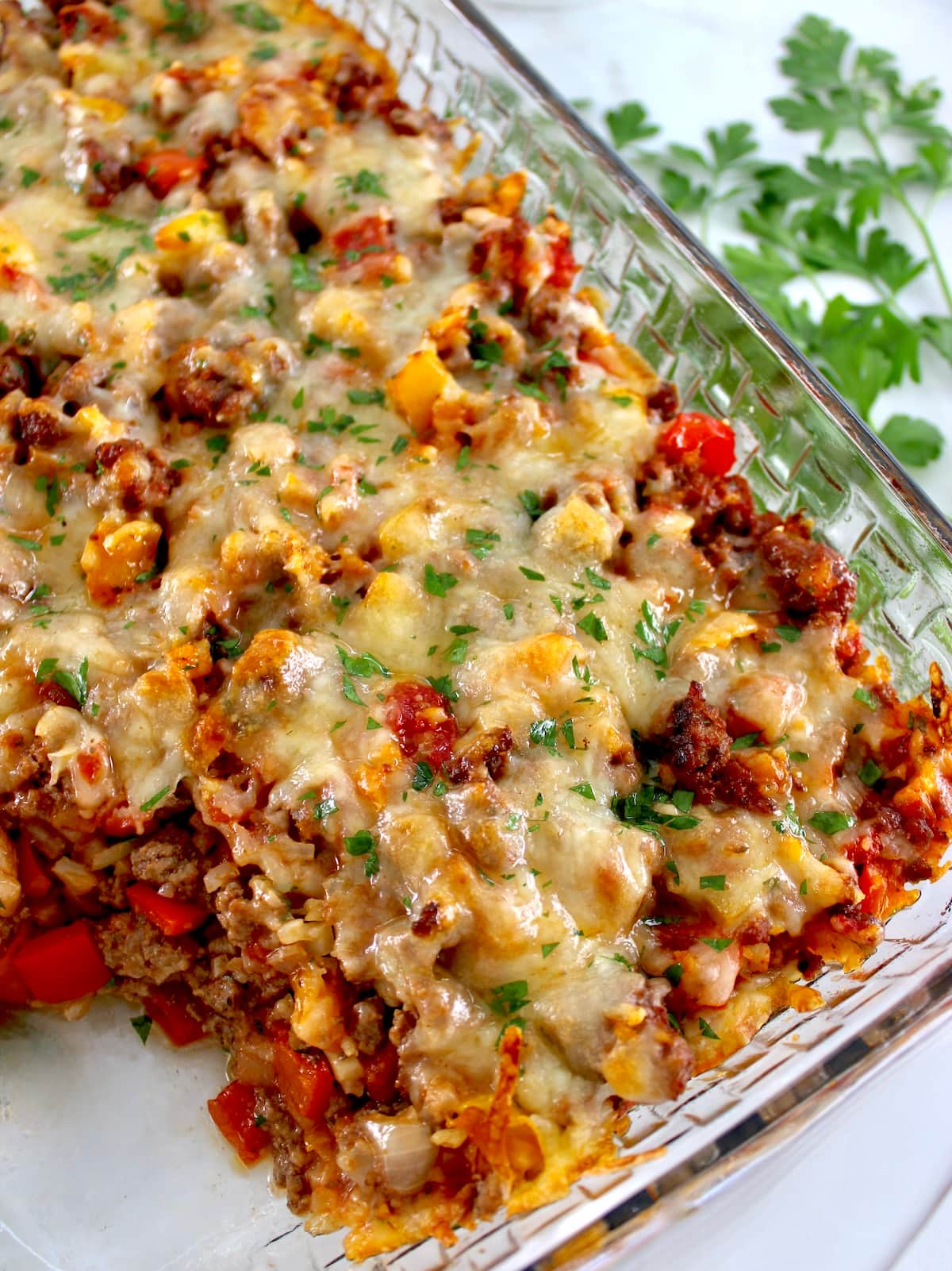 closeup of Stuffed Pepper Casserole with piece missing