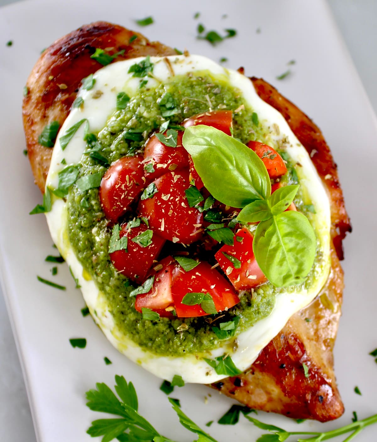 overhead view of Grilled Chicken Margherita on white plate with fresh basil on top