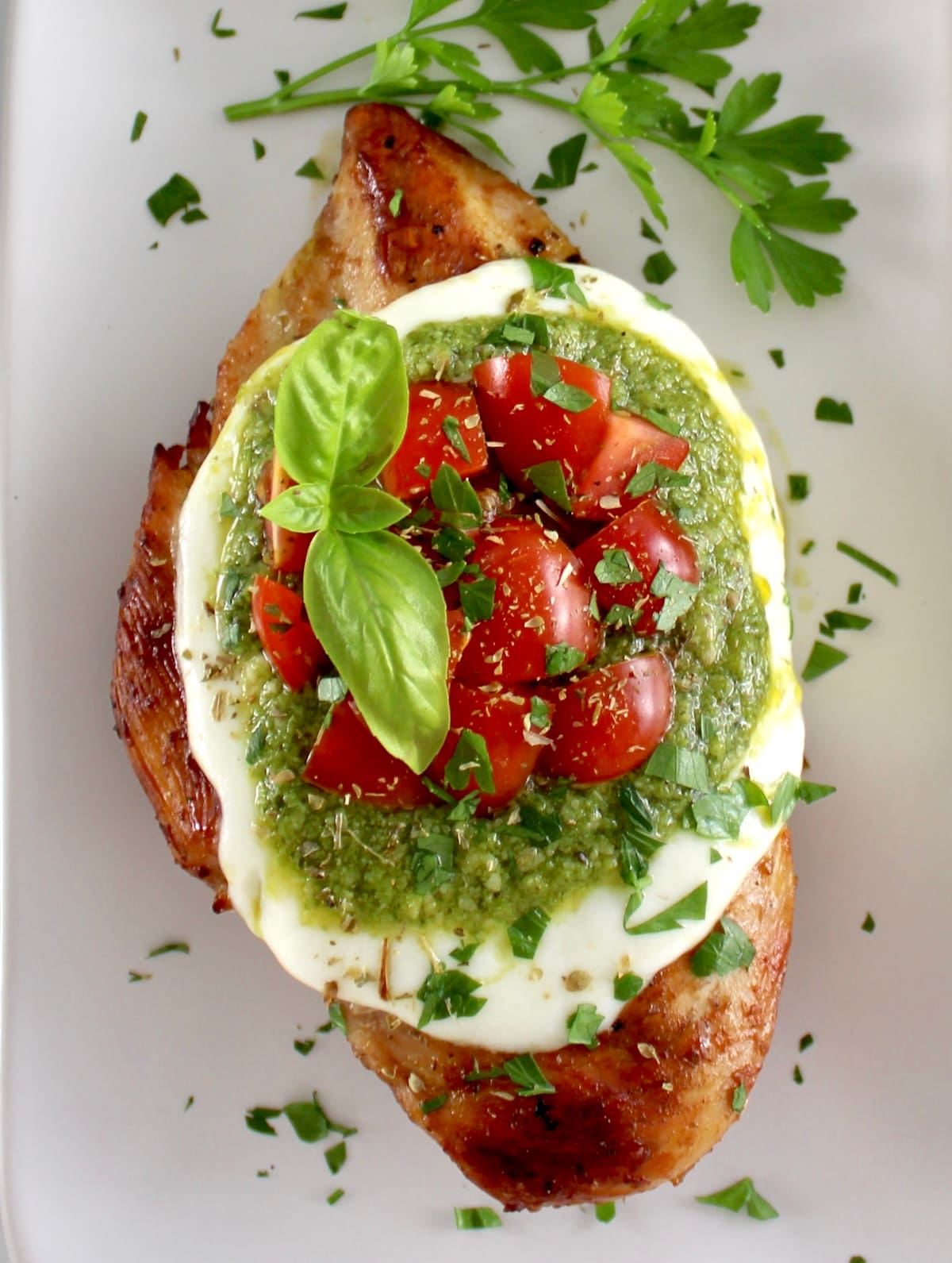 overhead view of Grilled Chicken Margherita on white plate