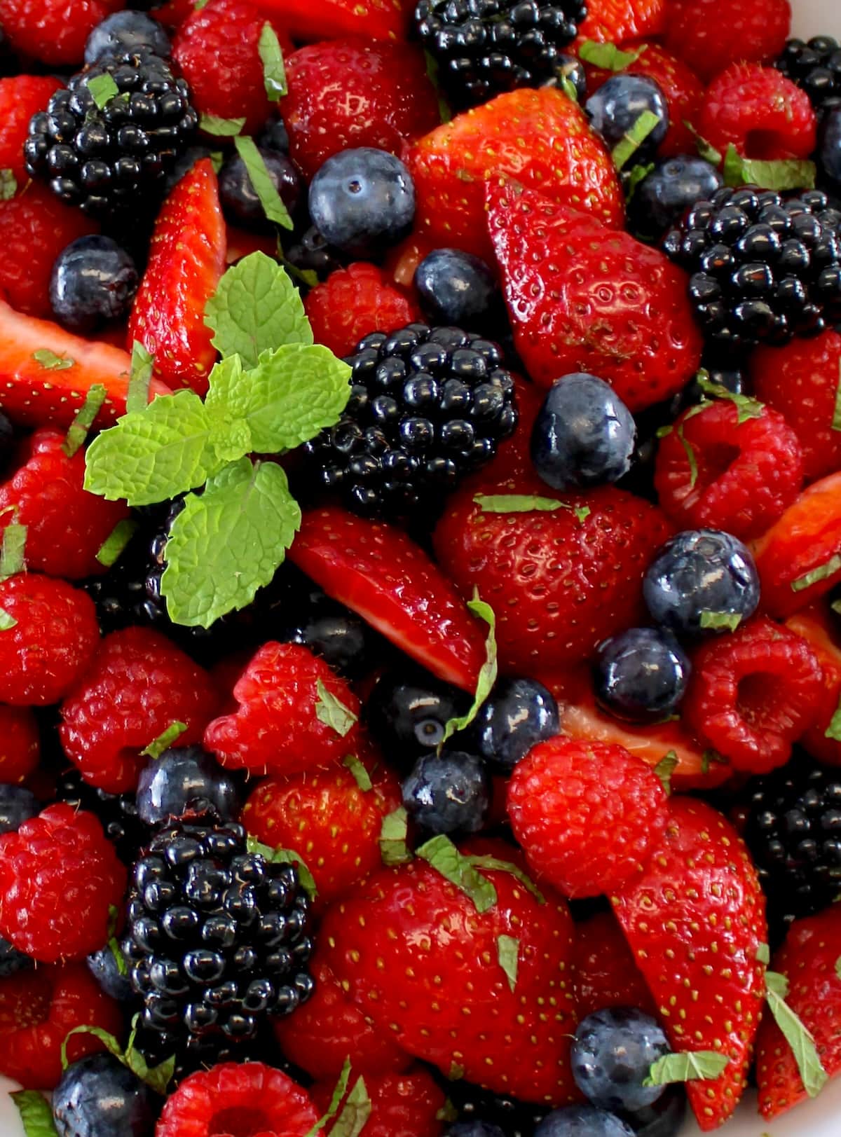 closeup of Keto Fruit Salad with fresh mint sprig