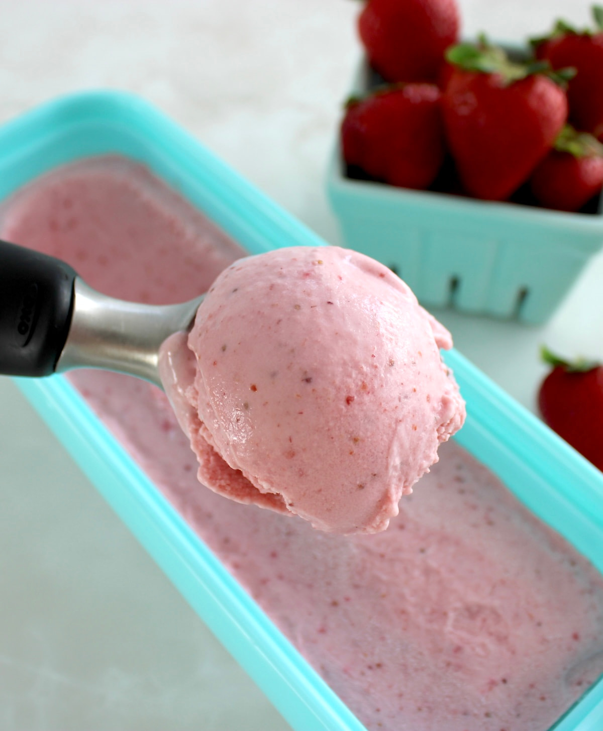 closeup of ice cream scoop with Strawberry Cottage Cheese Ice Cream