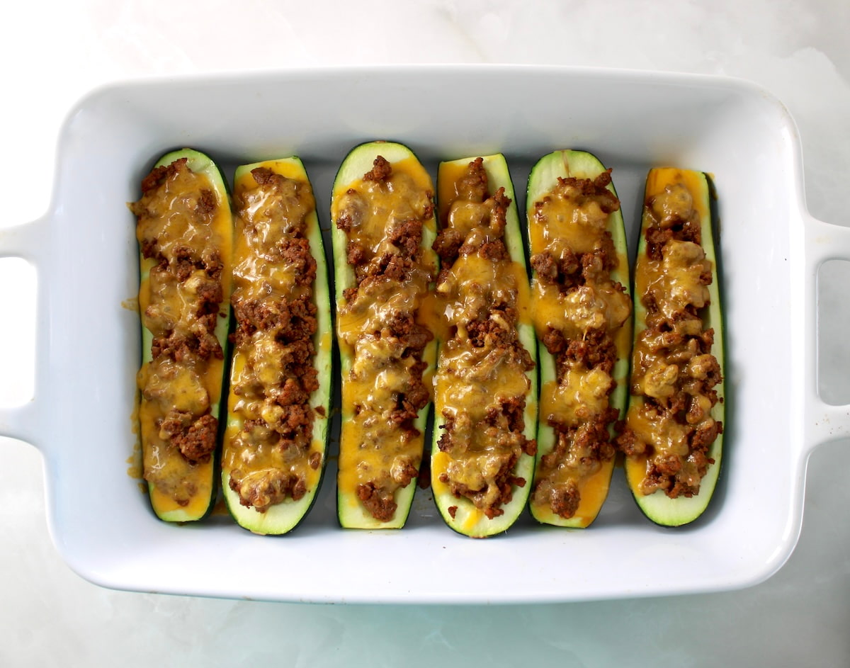  6 Taco Zucchini Boats in white casserole dish