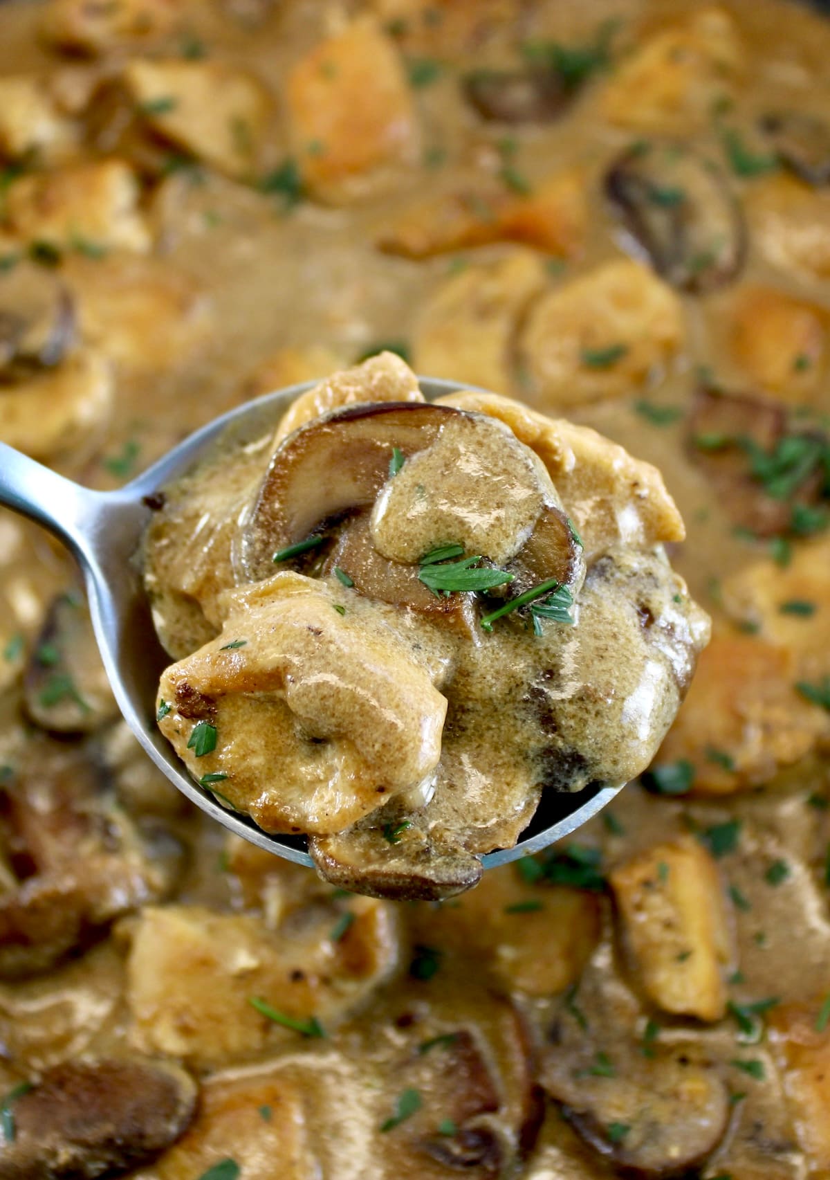 closeup of Chicken Stroganoff in spoon held up over skillet